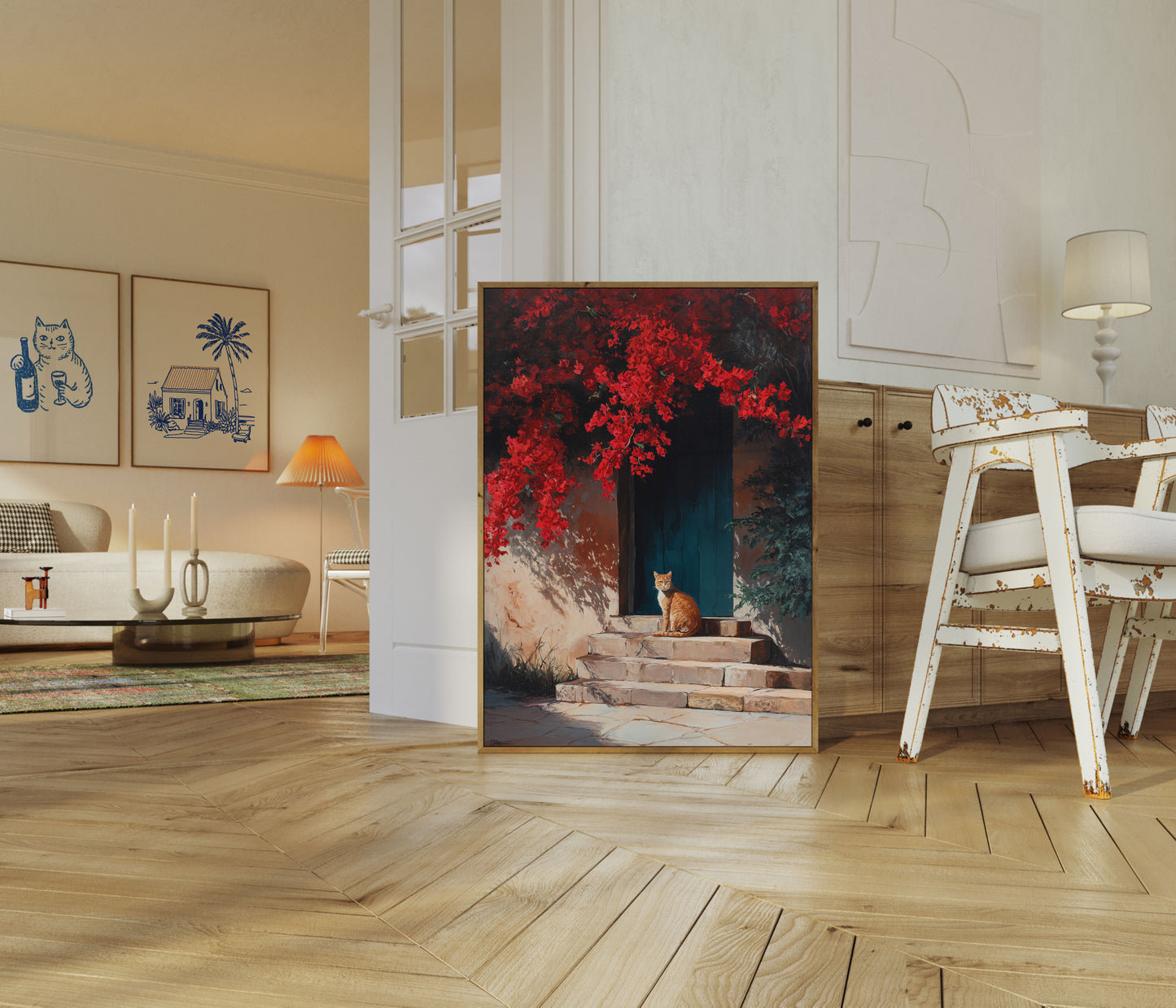Orange Cat by Red Flowers Poster