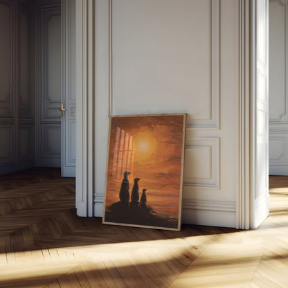 Affiche Suricates Coucher de Soleil du Désert