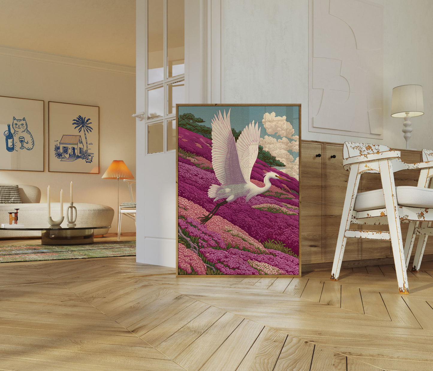 Elegant Hejre i Blomstermarker Plakat