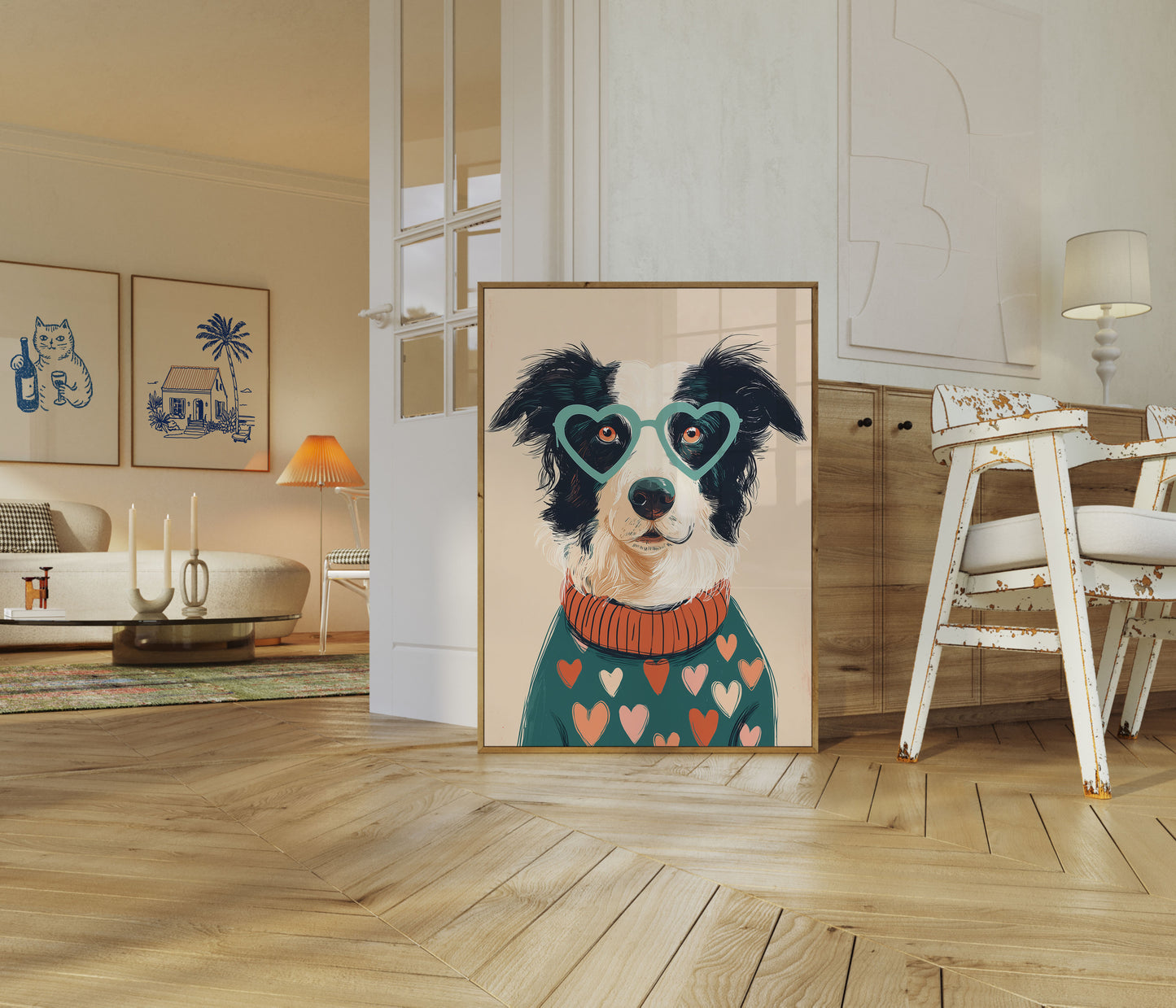 Póster de perro adorable con gafas y corazón
