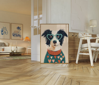 Póster de perro adorable con gafas y corazón