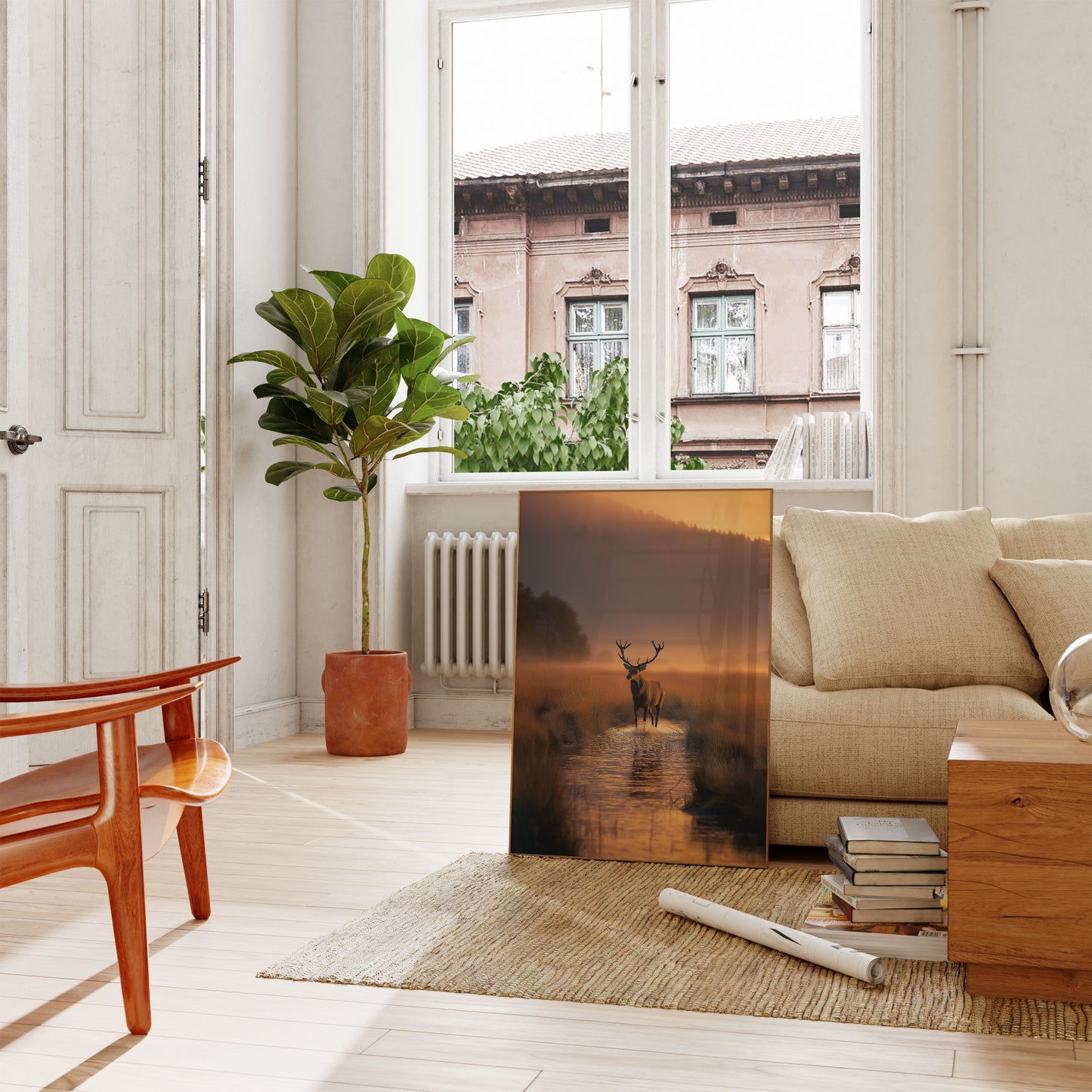 Majestic Deer in Morning Mist Poster