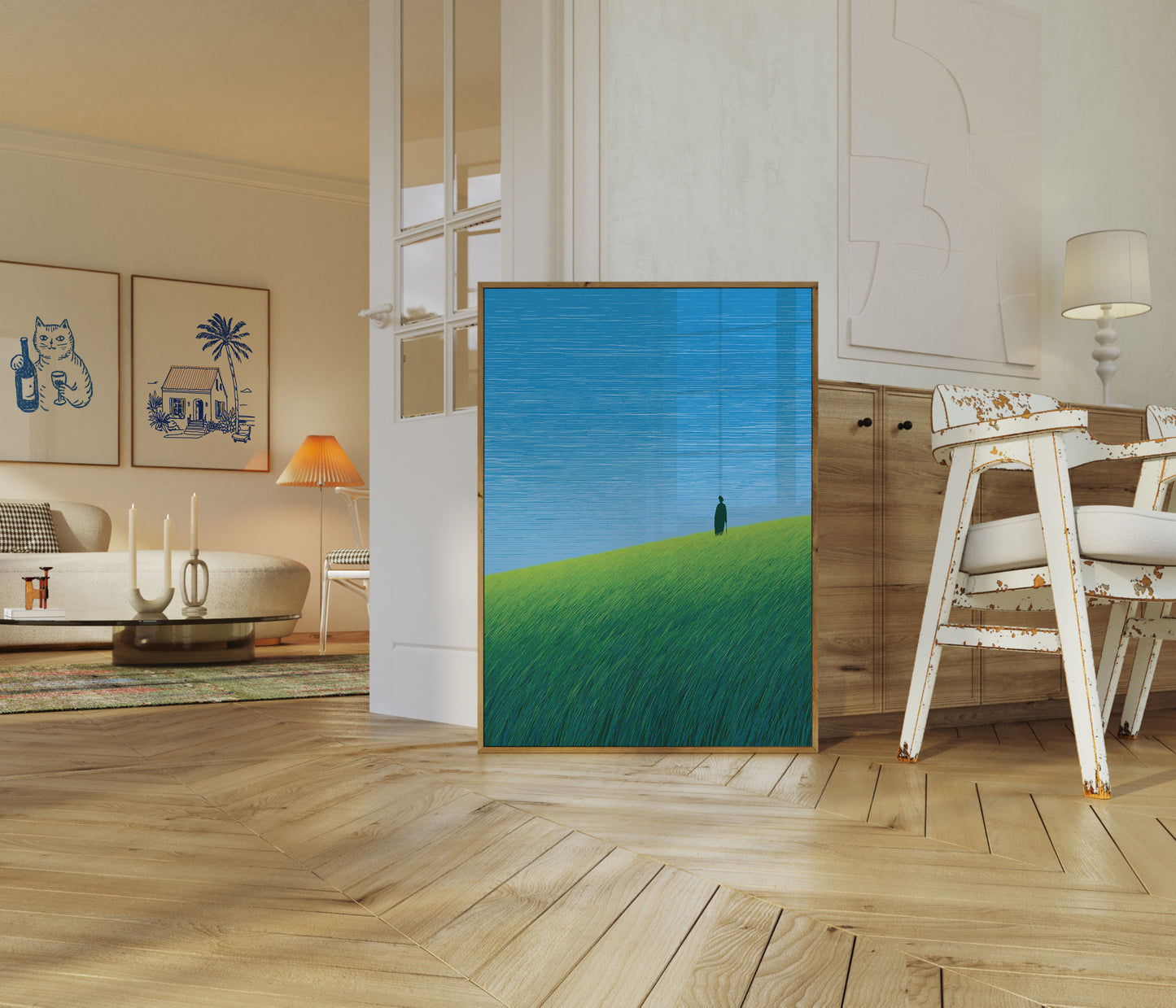 Einzelne Gestalt blickt aufs Wasser Poster