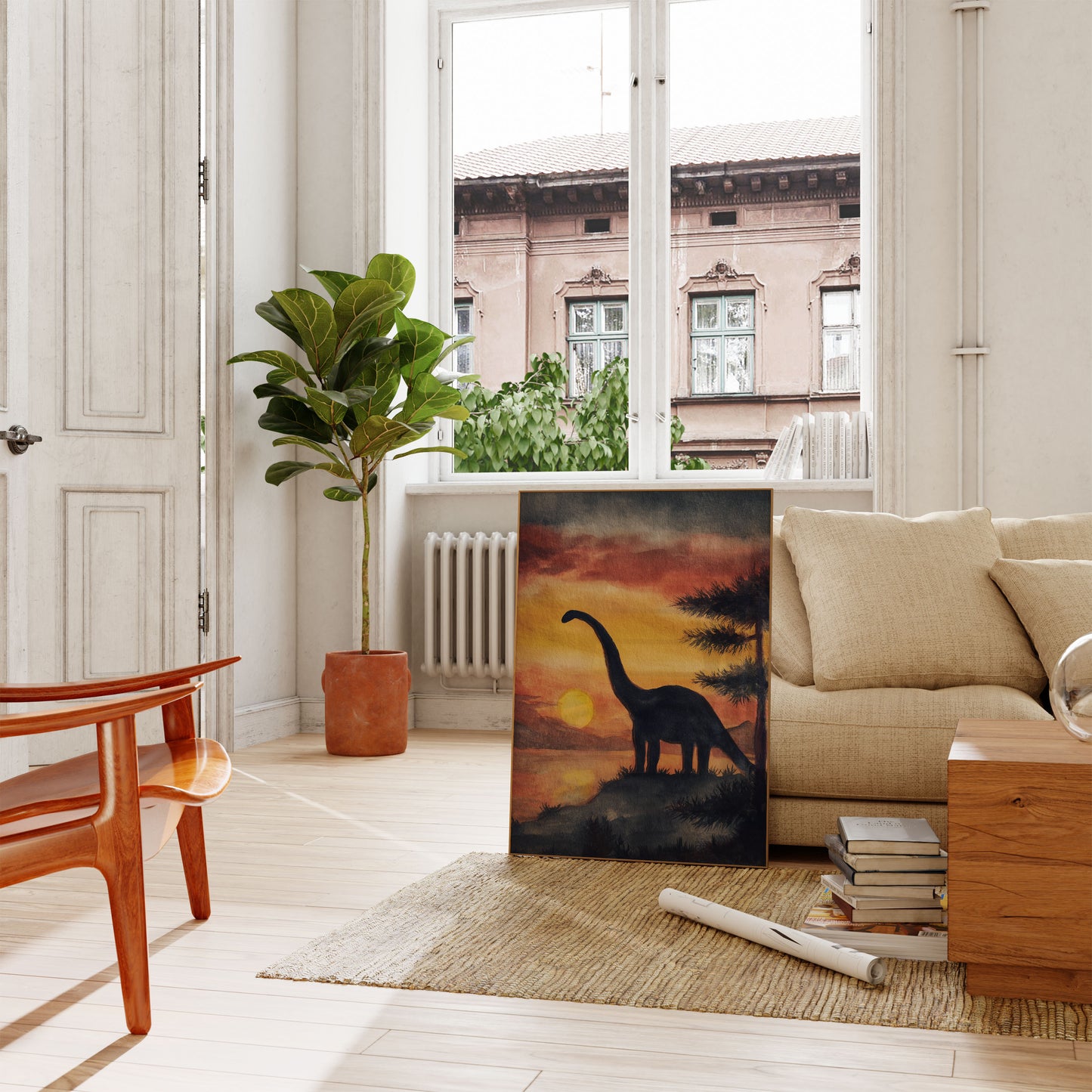 Póster de dinosaurios al atardecer en la naturaleza