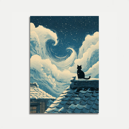 Affiche Chat Noir Sous des Nuages Étoilés