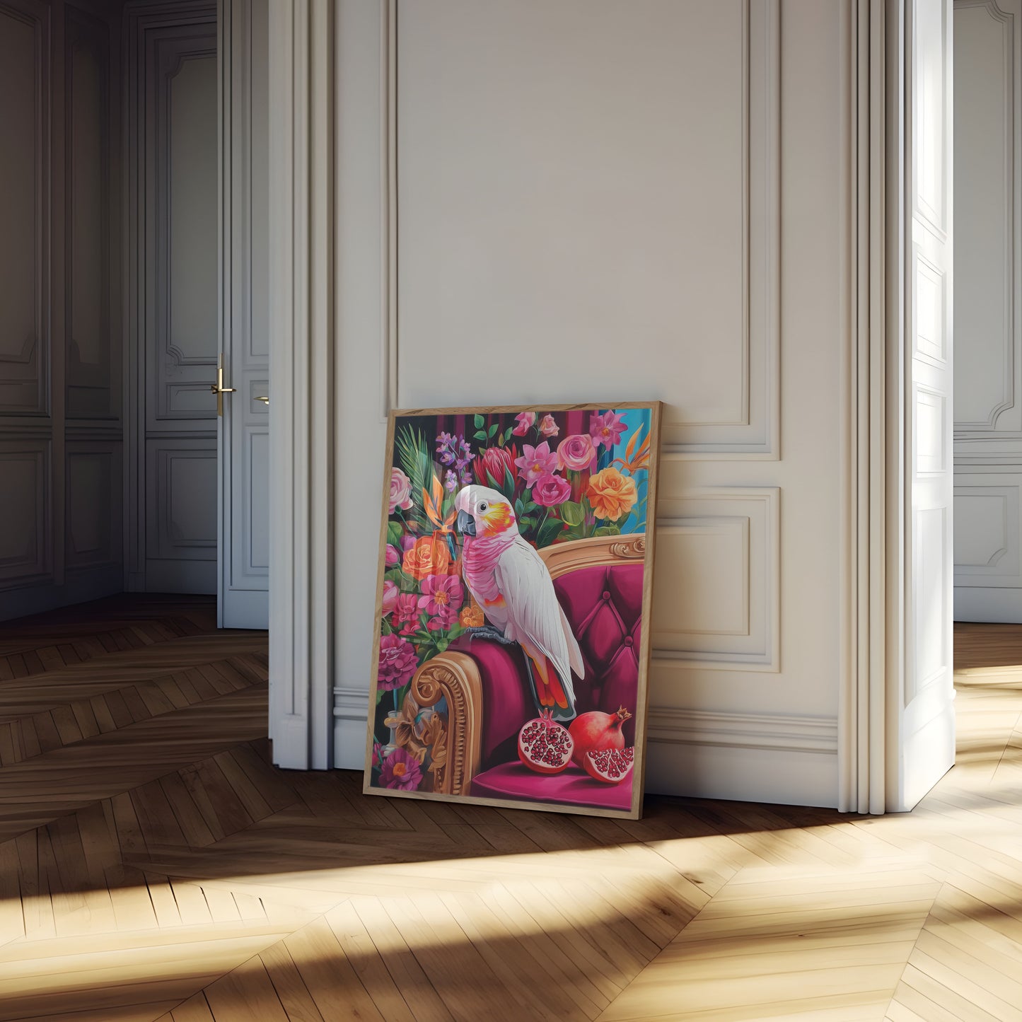 Póster de Cacatúa Elegante Entre Flores en Floración