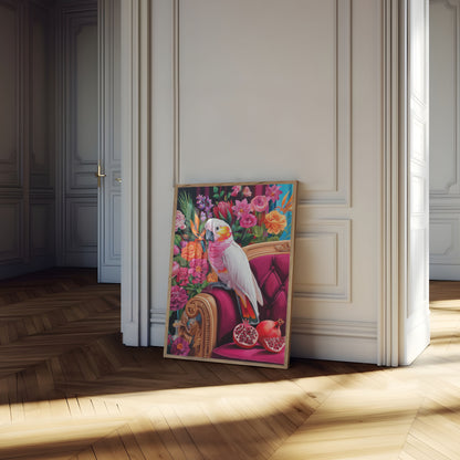 Póster de Cacatúa Elegante Entre Flores en Floración