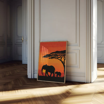 Affiche Coucher de Soleil en Famille d'Éléphants Africains
