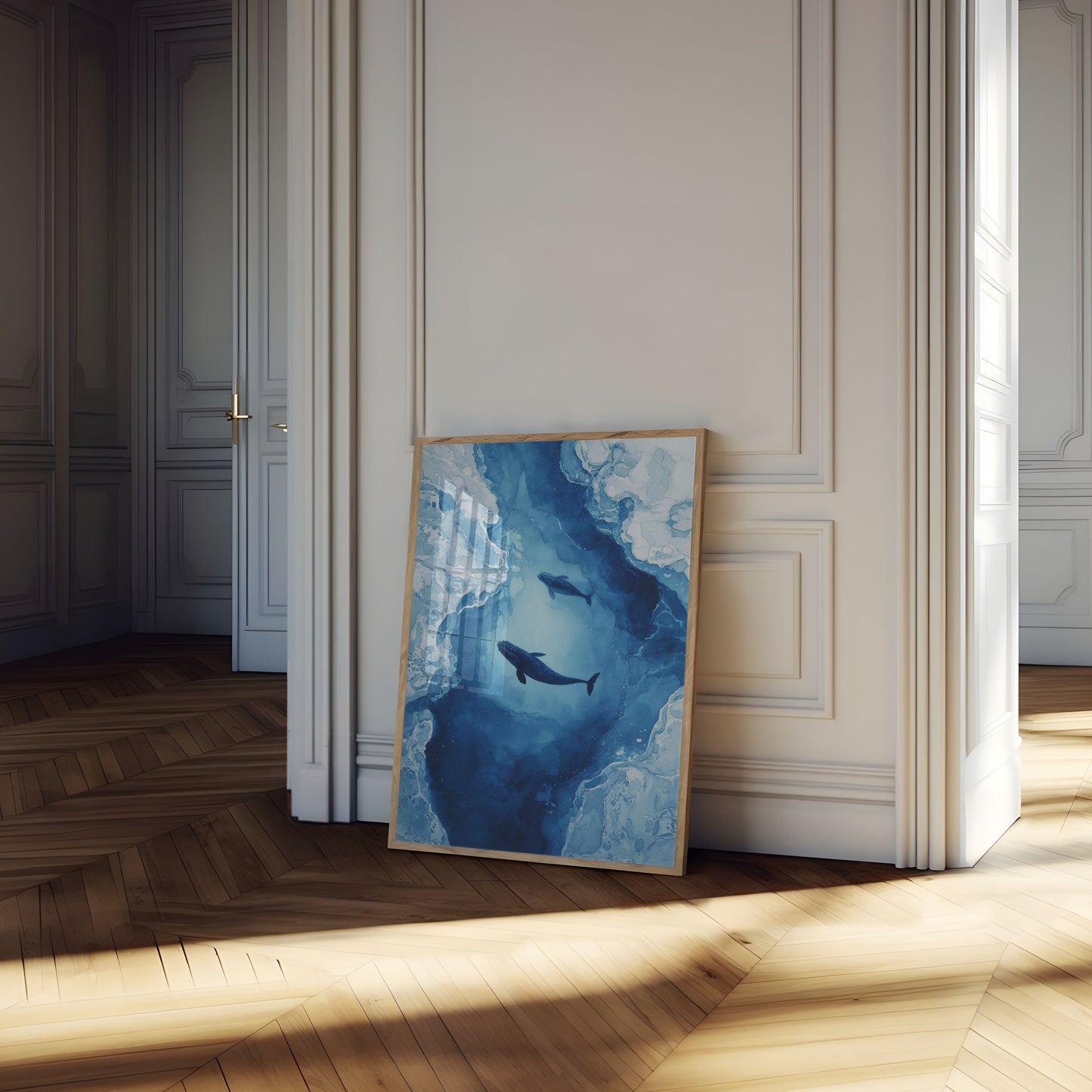 Whales Swimming Through Ice Poster