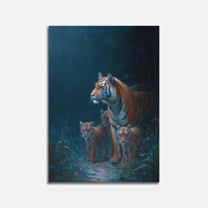 Póster de la Familia Tigre en la Lluvia