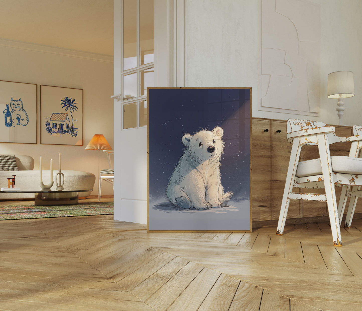 Póster del oso polar en la noche estrellada