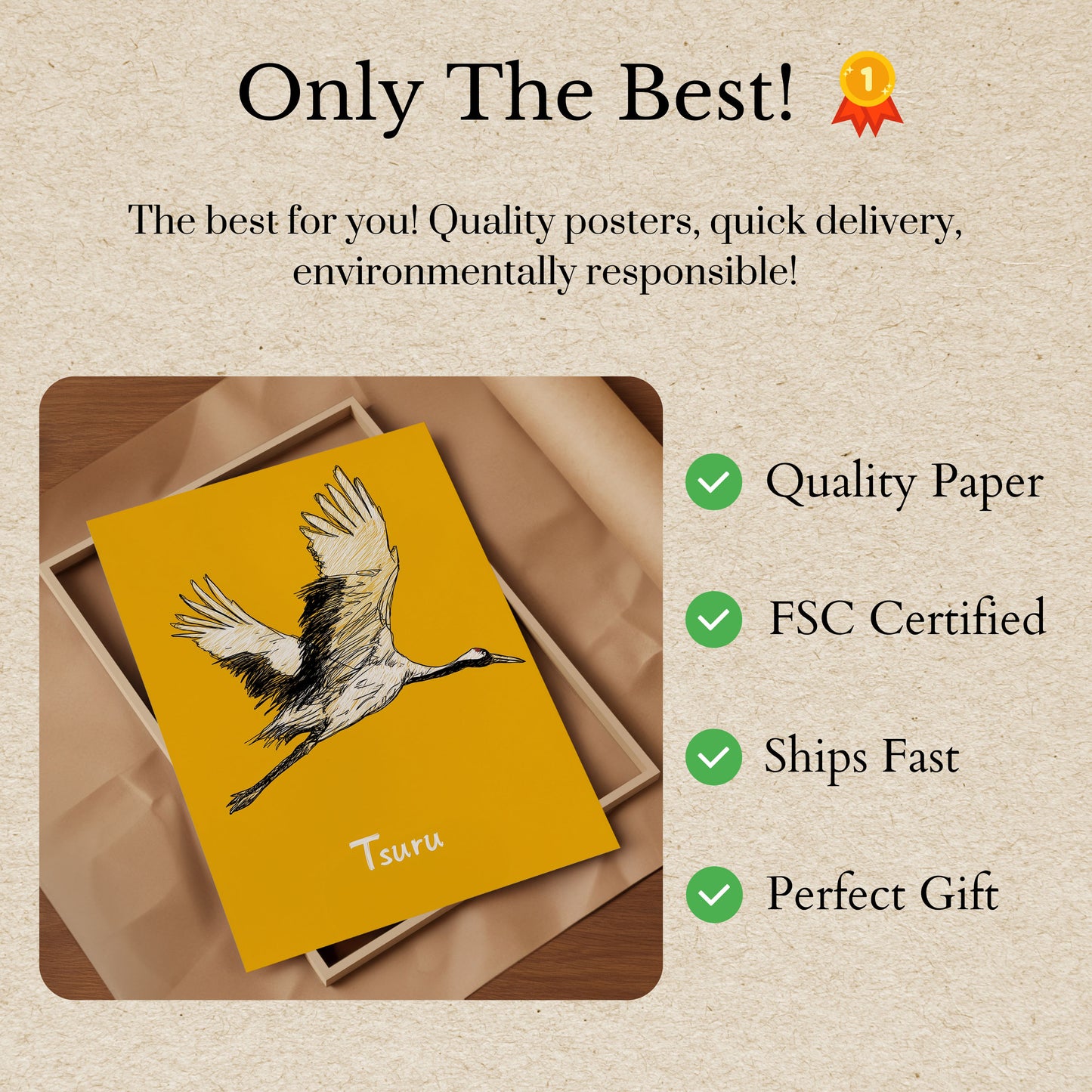 Póster de una grulla japonesa en vuelo