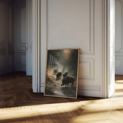 Wild Boars in Misty Forest Poster