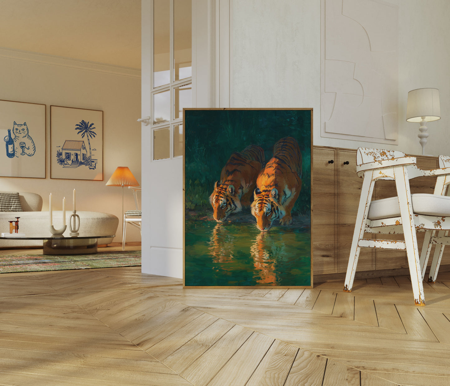 Tigers Drinking at Waterhole Poster