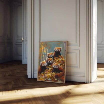 Affiche Pandas Roux dans les Feuilles d'Automne