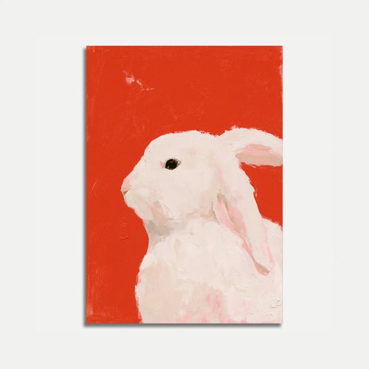 Conejo blanco en cartel rojo