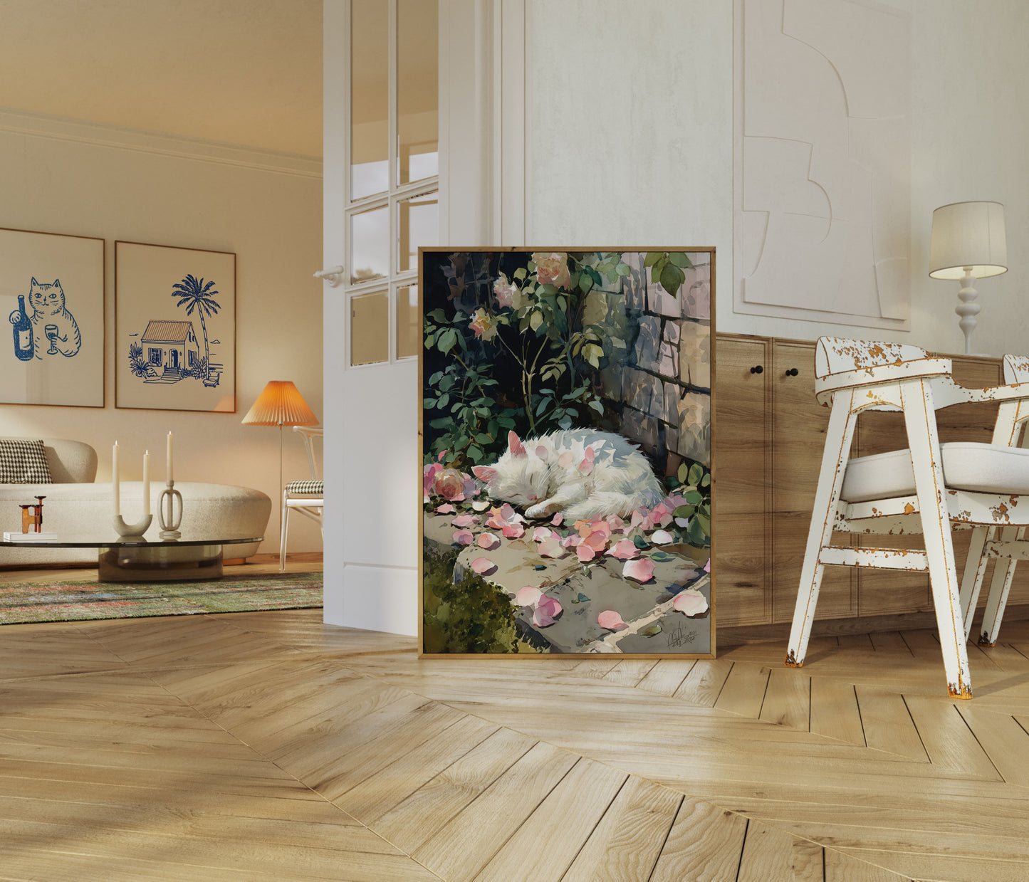 White Cat in Rose Garden Poster