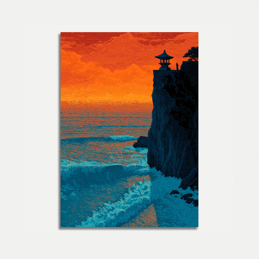 Pôster da Pagoda do Penhasco do Pôr do Sol Asiático