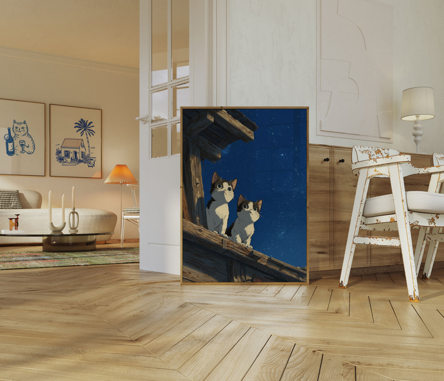 Pôster de Companheiros Felinos de Noite Estrelada