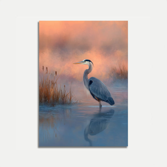 Póster del amanecer de la garza azul brumosa