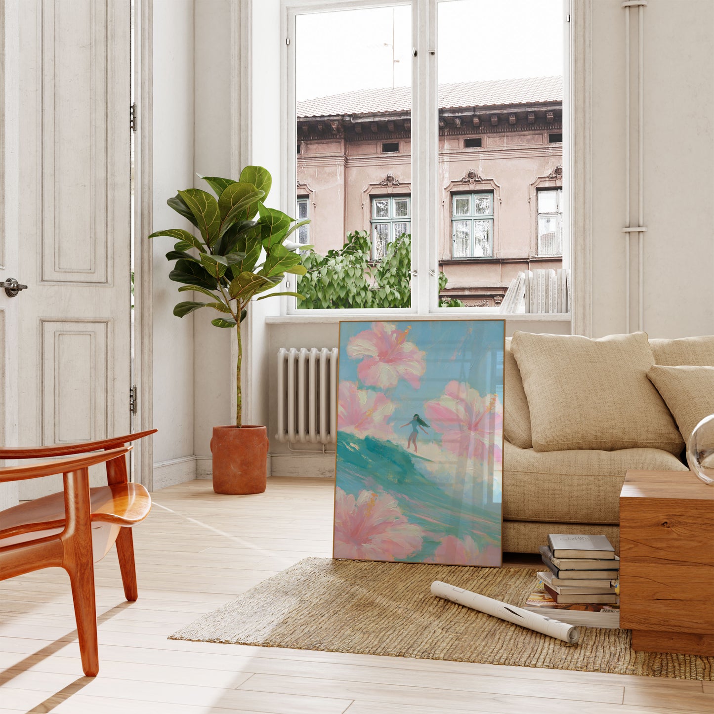 Surfer Girl Among Giant Flowers Poster