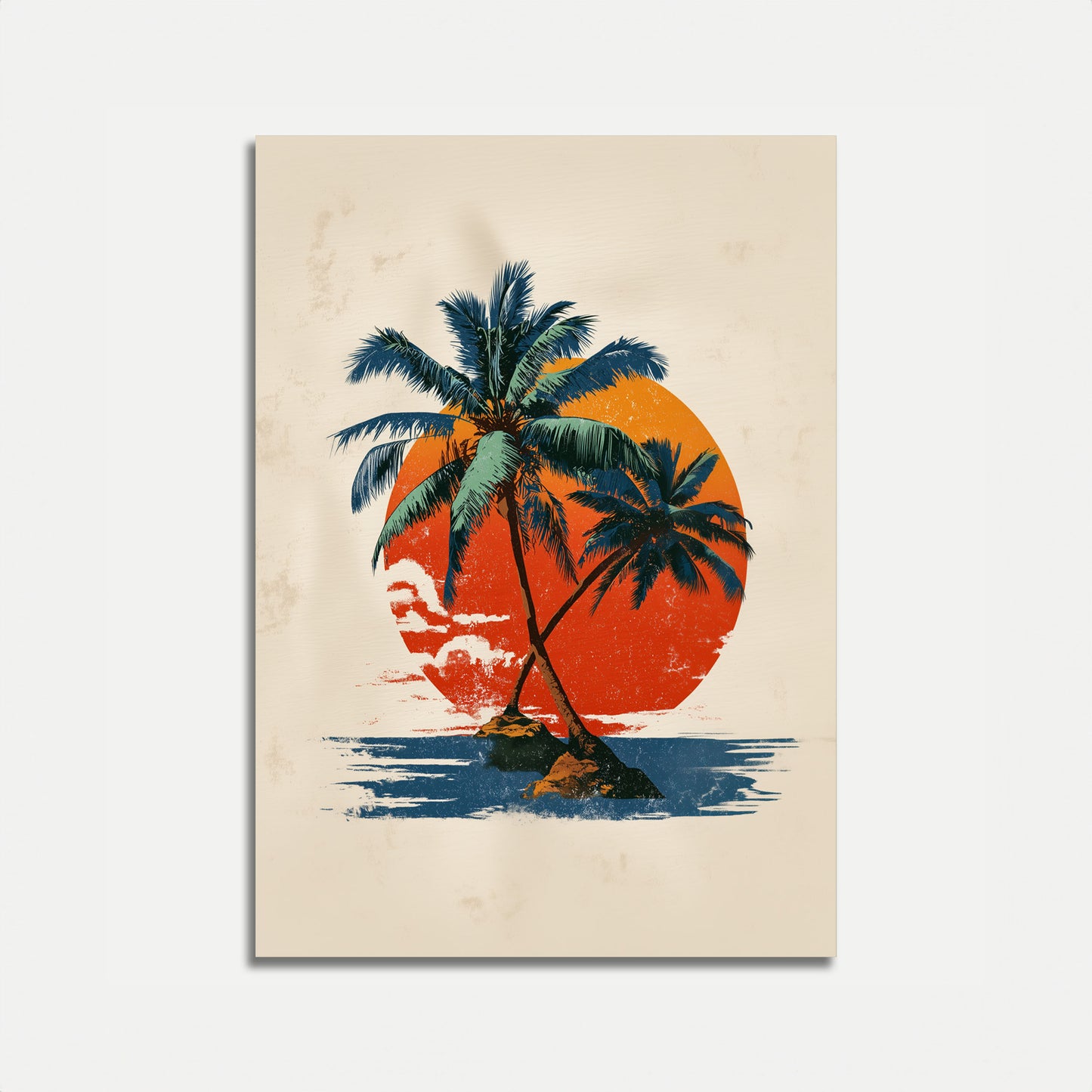 Póster de Playa con Puesta de Sol y Palmas Tropicales