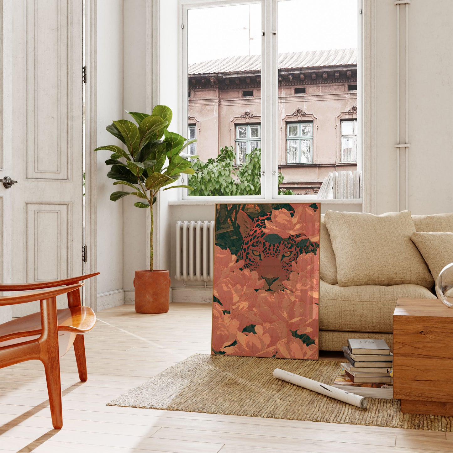 Leopard Among Pink Flowers Poster