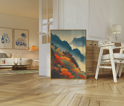Asian Temple Mountain Rain Poster