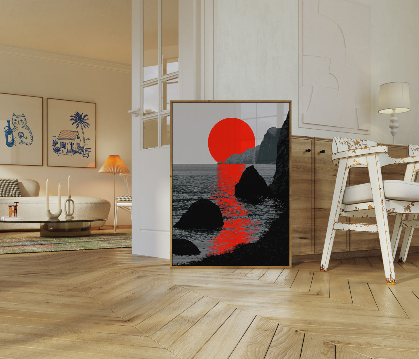 Affiche : Soleil rouge sur côte rocheuse