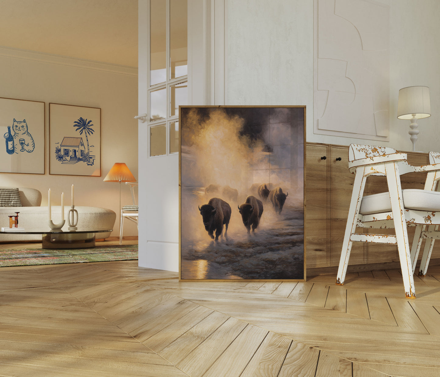 Póster de Rebaño de Bisontes en la Niebla Matutina