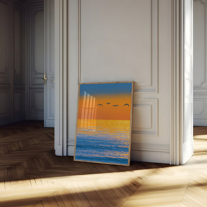 Fugle Flyver Over Gylden Solnedgang Plakat