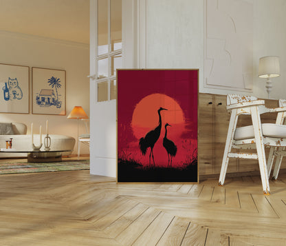 Affiche Silhouette de Grues au Coucher du Soleil