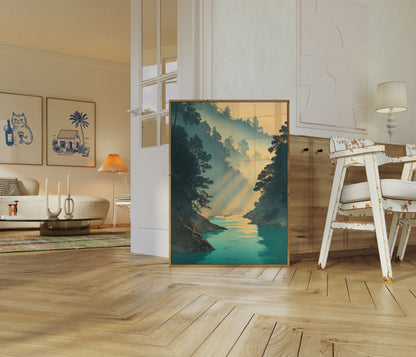 Misty Canyon River Landscape Poster