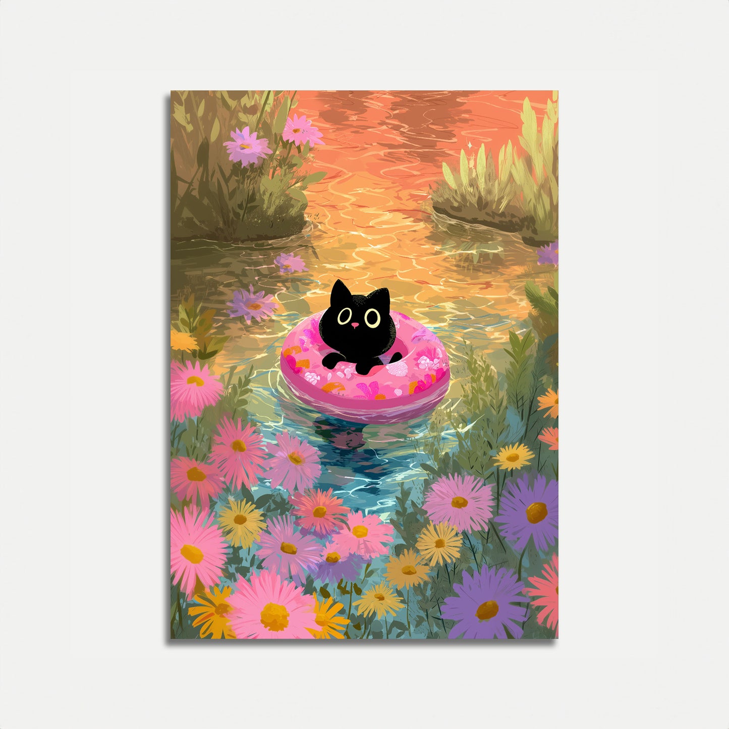 Cute Cat Floating Flower Poster