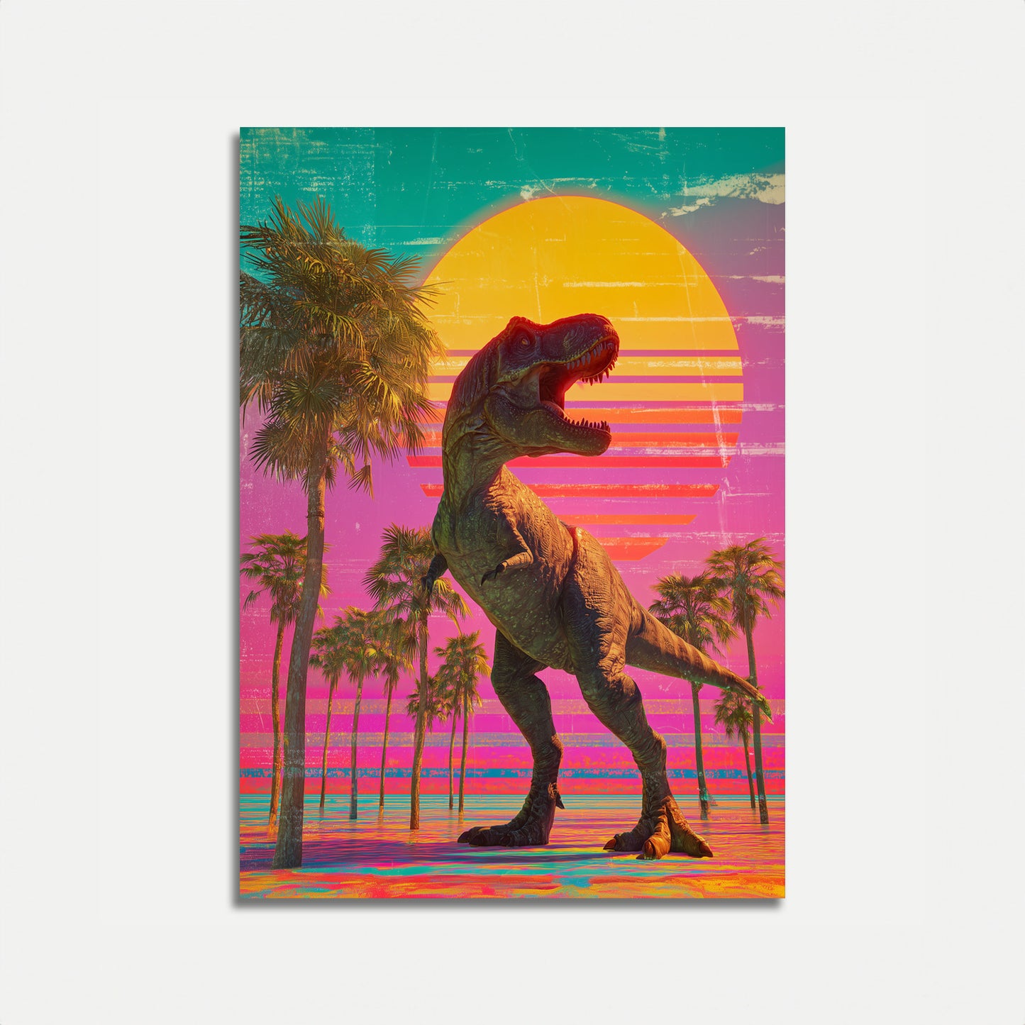 Retro Dinosaur Sunset Miami Vice Poster