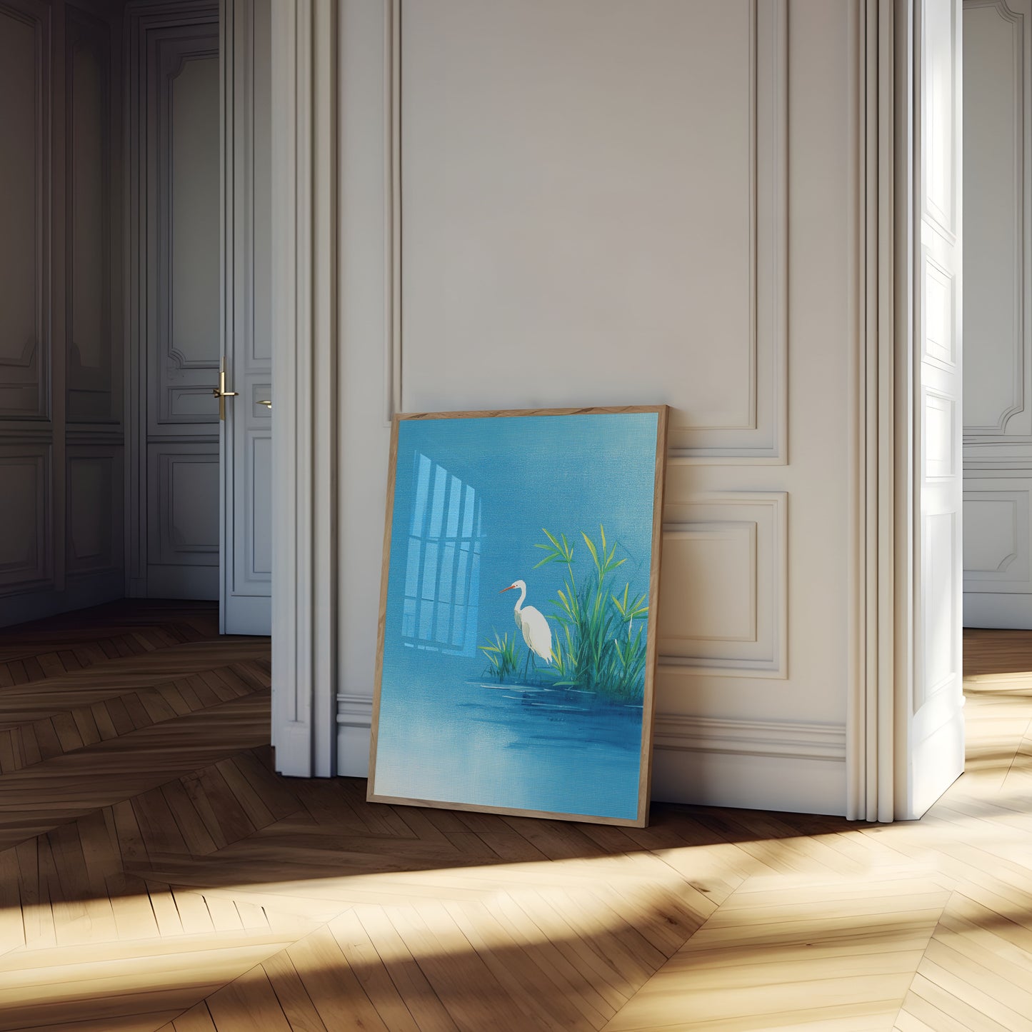 Póster de garceta blanca junto al lago