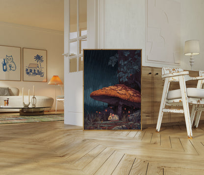 Mouse Under Mushroom Rain Poster