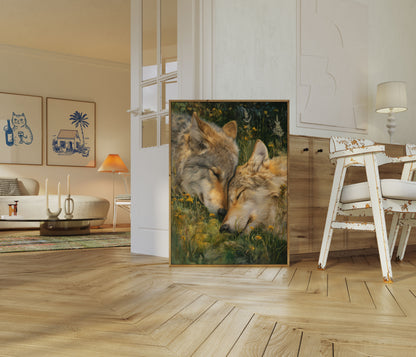 Wolf Resting in Wildflowers Poster
