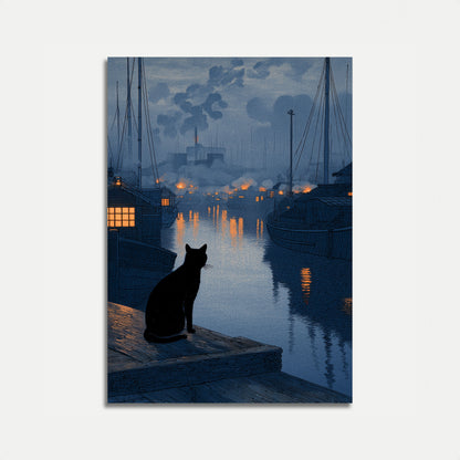Cat Watching Harbor at Night Poster
