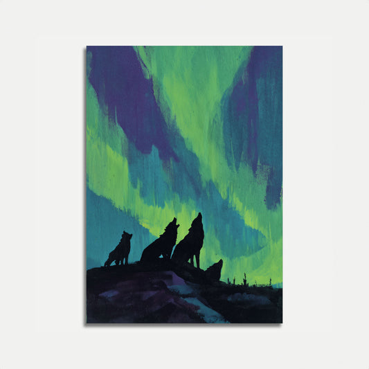 Wolves Howling Under Aurora Poster