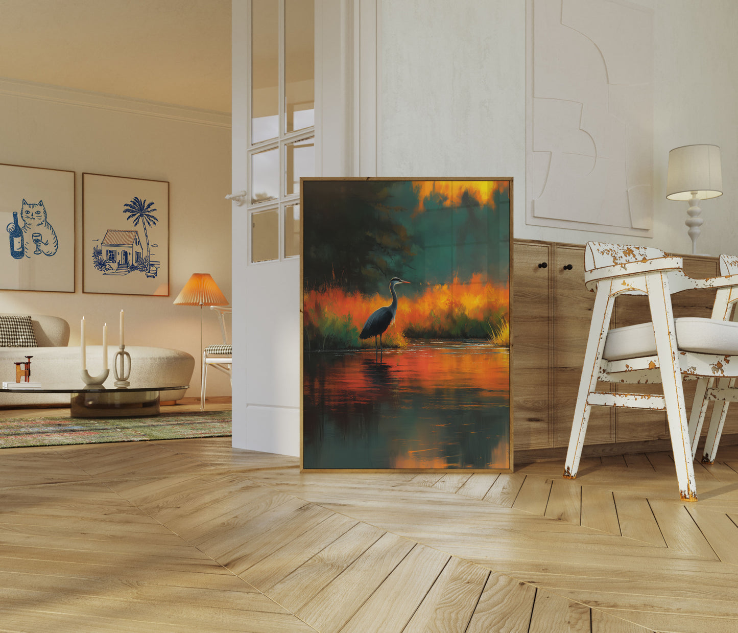 Heron in Fiery Sunset Poster