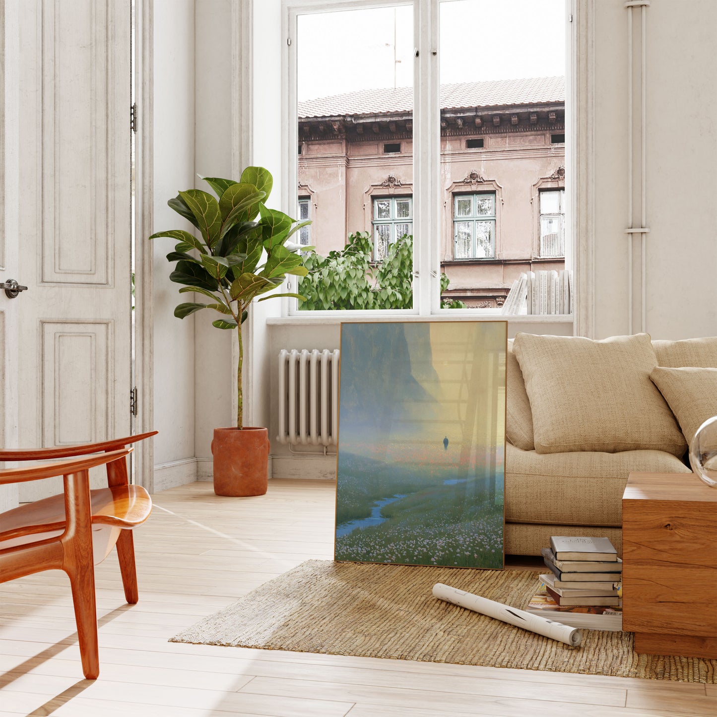 Ensom skikkelse i blomsterdal plakat