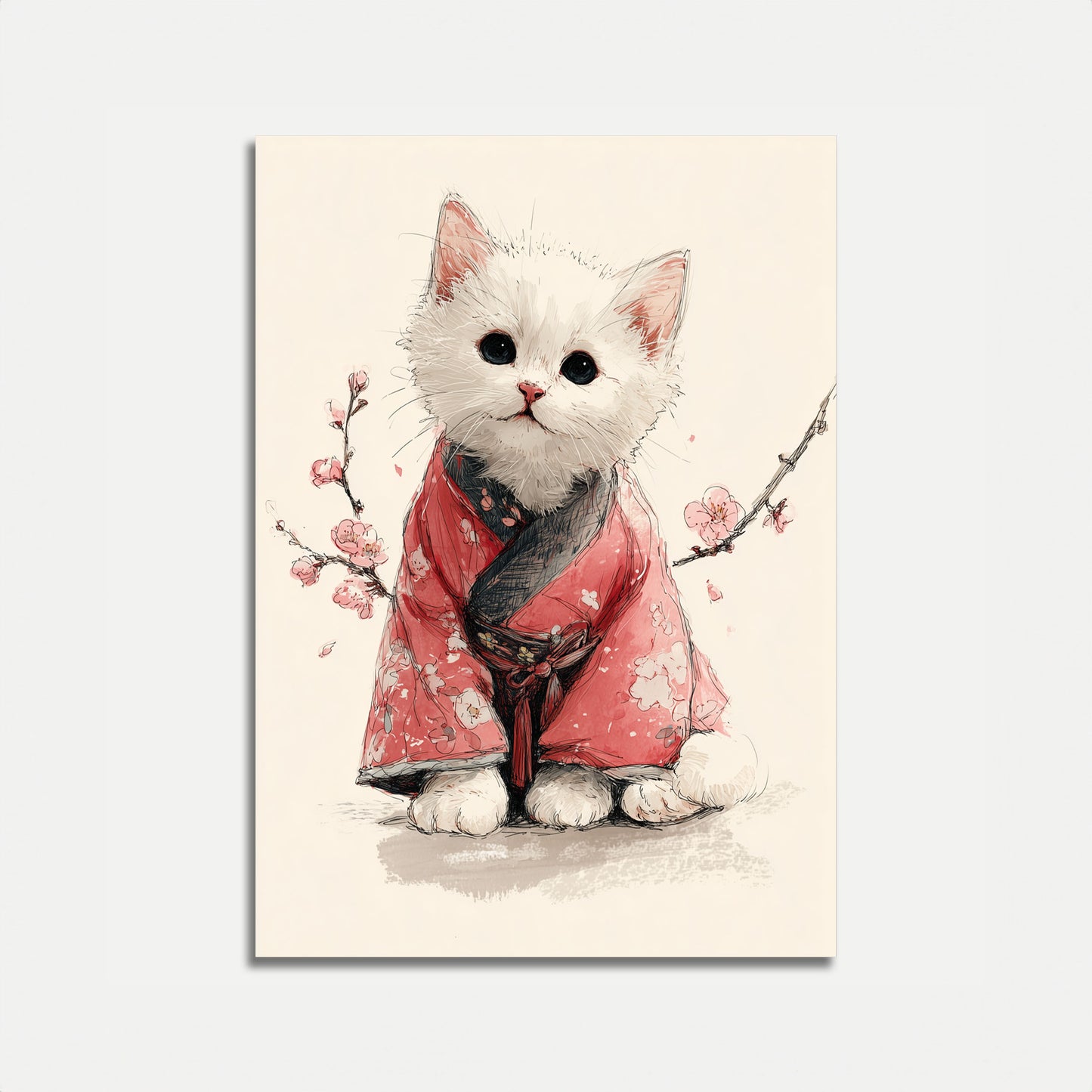 Weißer Kater im roten Kimono Poster