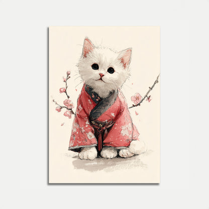 Weißer Kater im roten Kimono Poster