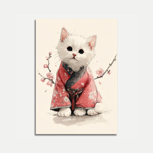 Poster Gatto Bianco in Kimono Rosso