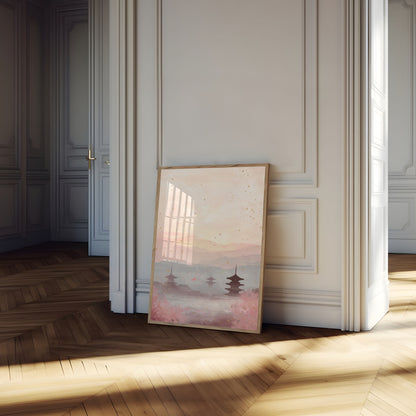 Póster del atardecer en flor de cerezo en Kioto