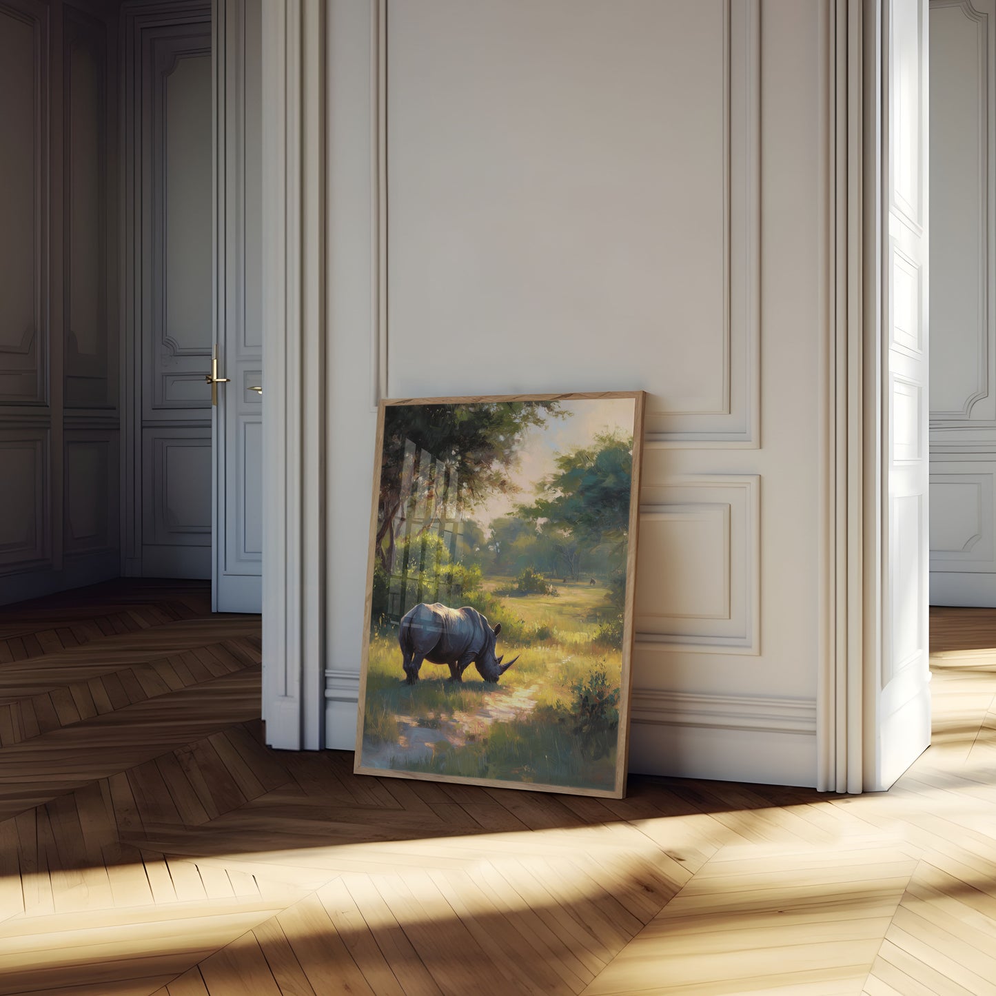 Serene Rhino in Sunlit Meadow Poster
