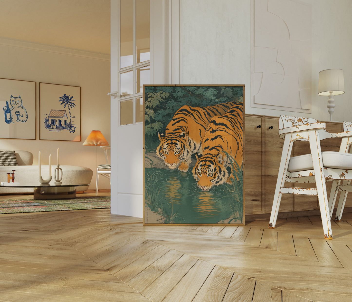 Tiger Family at Watering Hole Poster
