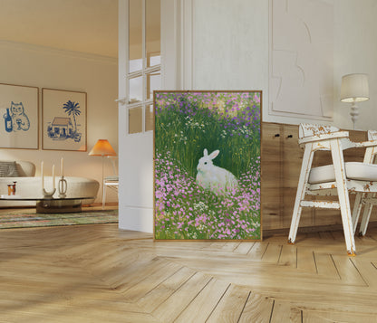 White Rabbit in Flower Meadow Poster