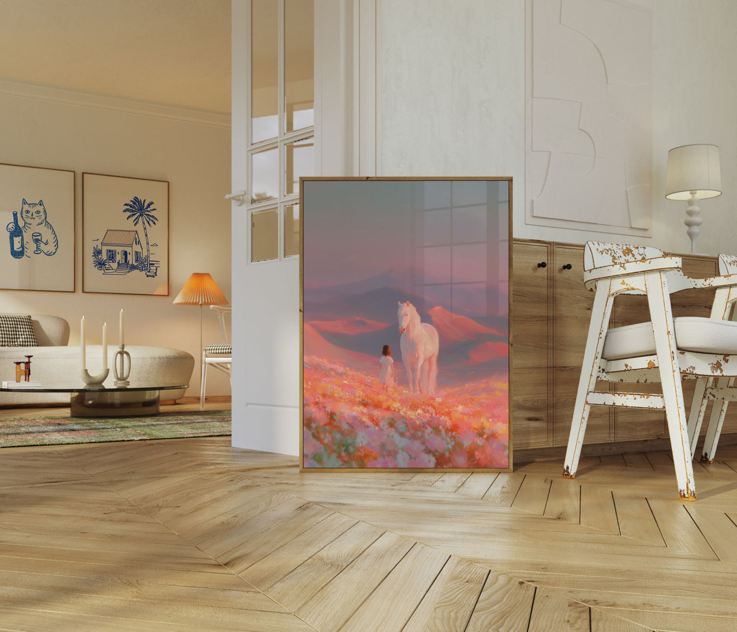 Mädchen und weißes Pferd Sonnenuntergang Poster